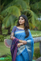 Embrace Elegance in this Cerulean Blue Chanderi Saree